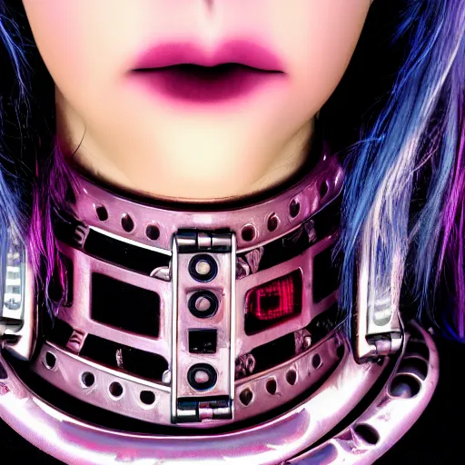 Image similar to detailed realistic cyberpunk female character cyberpunk wearing large steel collar around neck, realistic, art, beautiful, 4K, collar, choker, collar around neck, punk, artstation, detailed, female, woman, choker, cyberpunk, neon, punk, collar, choker, collar around neck, thick collar, choker around neck, wearing choker, wearing collar, bright neon punk hair,