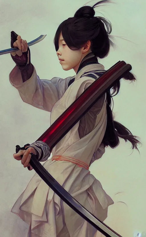 Image similar to Japanese shool girl holding a katana, sci-fi, highly detailed, digital painting, artstation, concept art, smooth, sharp focus, illustration, art by artgerm and greg rutkowski and alphonse mucha