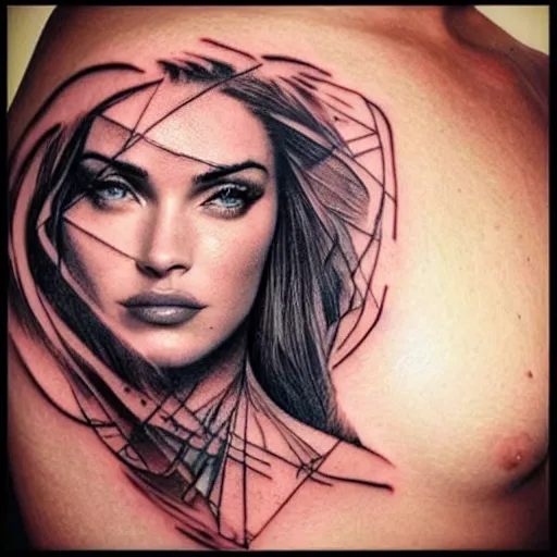 Image similar to double - exposure tattoo sketch of megan fox face beautiful mountains, mash up, blending, in the style of dan mountford