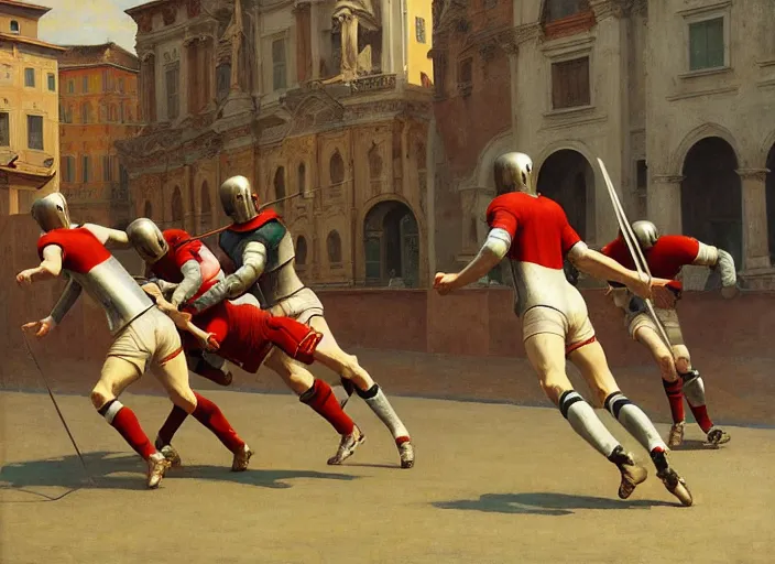 Image similar to knights in armor playing soccer, rome, highly detailed, soft lighting, elegant, works by edward hopper and james gillard, zdislaw beksinski, stephen outram, andreas m wiese, highly detailed