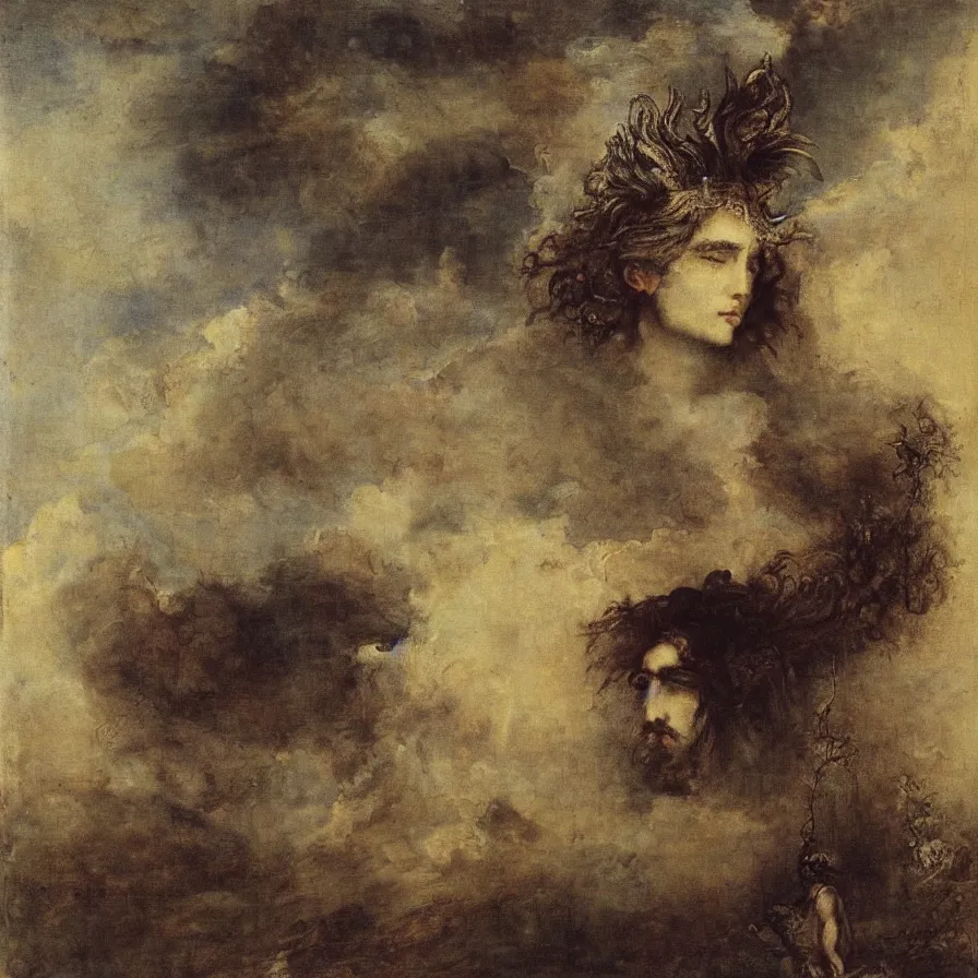 Image similar to a man with a stormy cloud in the place of his head. artwork by gustave moreau