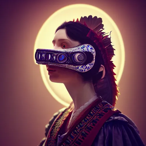 Image similar to Colour Caravaggio style Photography of Highly detailed beautiful Woman with 1000 years perfect face and wearing detailed Ukrainian folk costume designed by Taras Shevchenko also wearing highly detailed futuristic VR headset designed by Josan Gonzalez. Many details In style of Josan Gonzalez and Mike Winkelmann and andgreg rutkowski and alphonse muchaand and Caspar David Friedrich and Stephen Hickman and James Gurney and Hiromasa Ogura. Rendered in Blender and Octane Render volumetric natural light