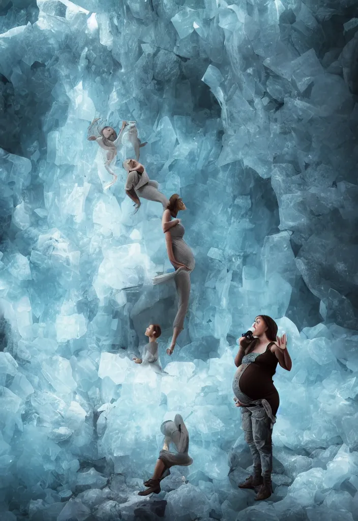 Image similar to pregnant woman making an epic speech, multiple people hearing the pregnant woman, ice cave, facinating, fantasy digital art, octane render, beautiful composition, trending on artstation, award - winning photograph, masterpiece