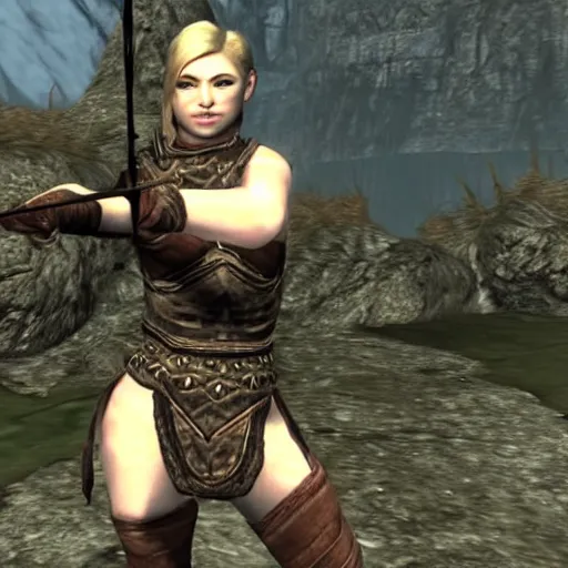 Prompt: a skyrim babe shooting a guard in the knee with an arrow