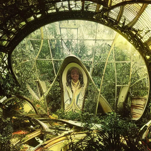 Image similar to old photo overgrown zaha hadid alphonse mucha spaceship ruins in jungle sunlight