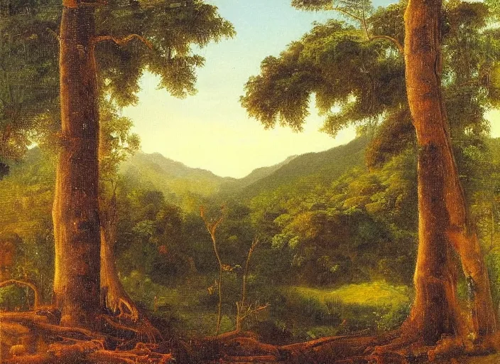 Image similar to the luscious forests of vietnam with little villages sprinked in them, in the style of hudson river school of art, oil on canvas