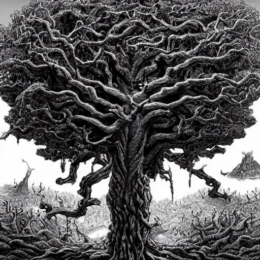 Image similar to Tree of Pain from Hyperion by Kentaro Miura, highly detailed, black and white