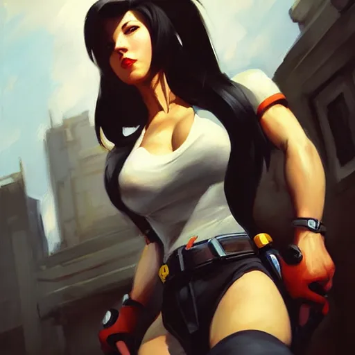 Image similar to Greg Manchess portrait painting o Tifa Lockheart as Overwatch character, medium shot, asymmetrical, profile picture, Organic Painting, sunny day, Matte Painting, bold shapes, hard edges, street art, trending on artstation, by Huang Guangjian and Gil Elvgren and Sachin Teng