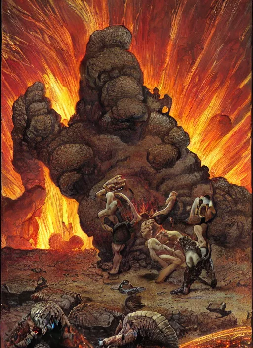 Image similar to armadillo in lava cave, explosions, lava flows, dynamic action, by lawrence alma - tadema and zdzislaw beksinski and norman rockwell and jack kirby and tom lovell and greg staples