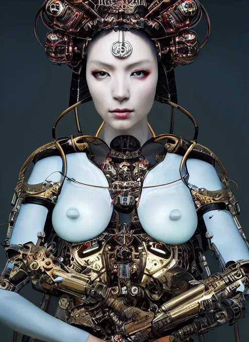 Prompt: portrait of a sensual futuristic geisha cyborg, led lights, modern fine art, fractal, intricate ornaments, elegant, highly detailed, digital photography, subsurface scattering, by jheronimus bosch and greg rutkowski,