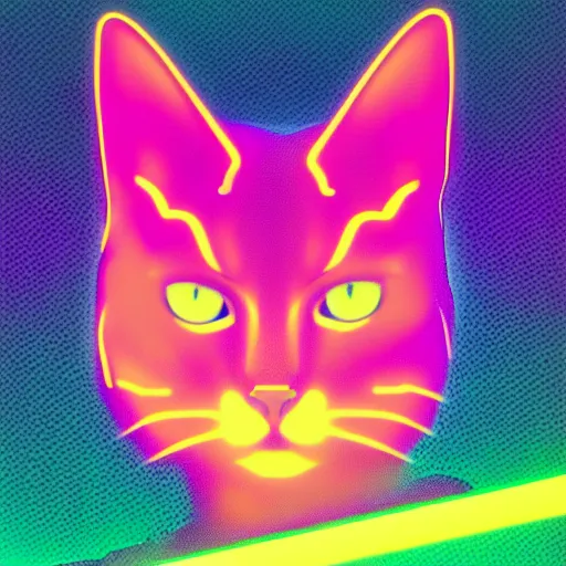 Image similar to cat head, portrait, vaporwave, synthwave, neon, vector graphics, vector art, sharp, crisp, clean, cinematic, volumetric lighting, f 8 aperture, cinematic eastman 5 3 8 4 film, lightning in background