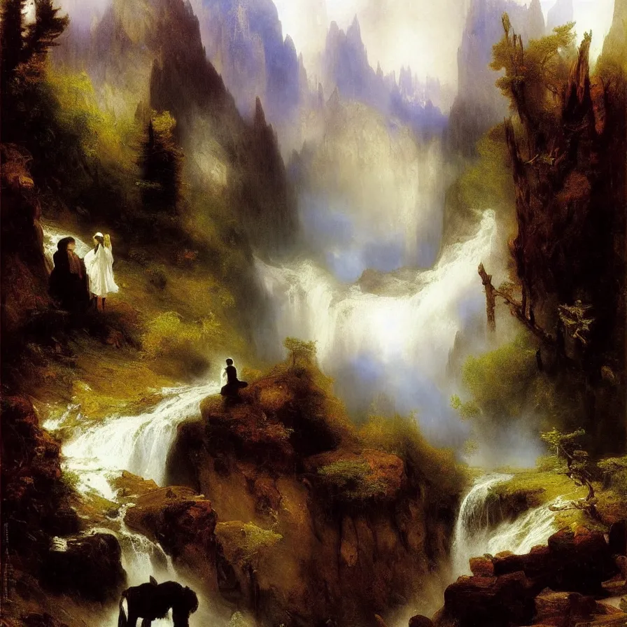 Prompt: artwork about a life of sad loneliness, painted by thomas moran and albert bierstadt. monochrome color scheme.