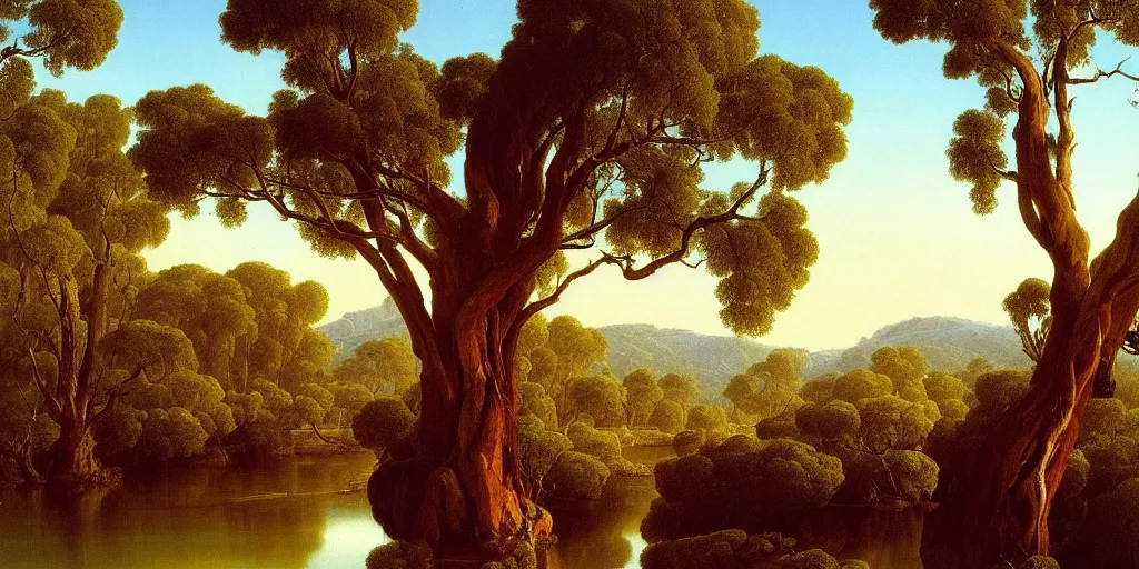 Image similar to painting of a old bluegum tree next to a meandering river by alexei savrasov and thomas cole, artstation