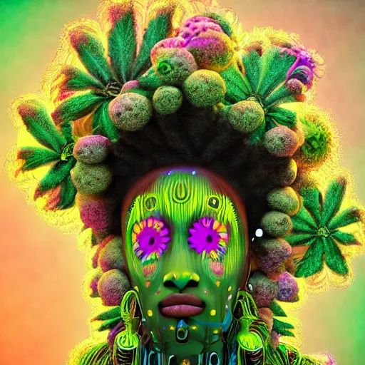 Image similar to a female african marijuanna! shaman with an afro made of flowers, third eye art art by machina infinitum, complexity from simplicity, rendered in octane, mandelbulb 3 d, ambient occlusion, macro photography, felt!!! texture, tribal, pastel! retrowave
