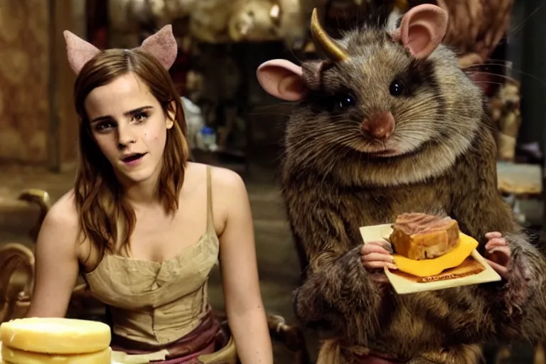 Image similar to photo, emma watson as antropomorphic furry - rat, tinky winky, eats cheese, highly detailed, intricate details