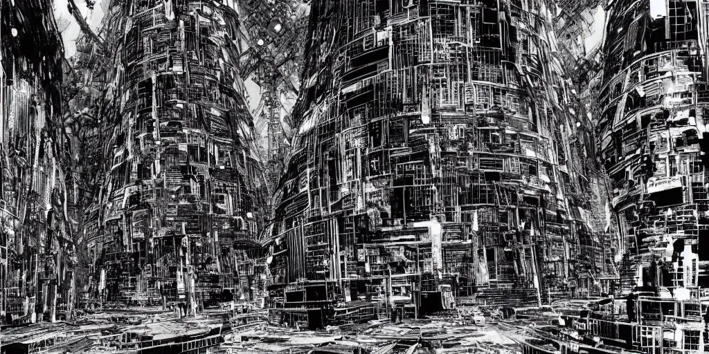 Prompt: megastructure of babel, extremely coherent, city in the far future, art by Tsutomu Nihei