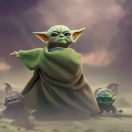 Image similar to Baby Yoda is fighting Thanos, hyperdetailed, artstation, cgsociety, 8k