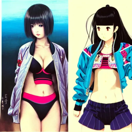 Image similar to a beautiful japanese lalisa alluring gravure model, wearing oversized designer bomber jacket and leotard, bulky poofy bomber jacket with mesoamerican patterns, mesoamerican native street fashion, gapmoe yandere grimdark, trending on pixiv fanbox, painted by greg rutkowski makoto shinkai takashi takeuchi studio ghibli, akihiko yoshida