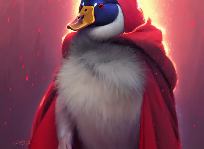 Image similar to cute fluffy mallard duck wearing red cultist robe, details, fantasy, epic, sacrificial altar, landscape illustration concept art anime key visual trending pixiv fanbox by wlop and greg rutkowski and makoto shinkai and studio ghibli and kyoto animation symmetrical facial features