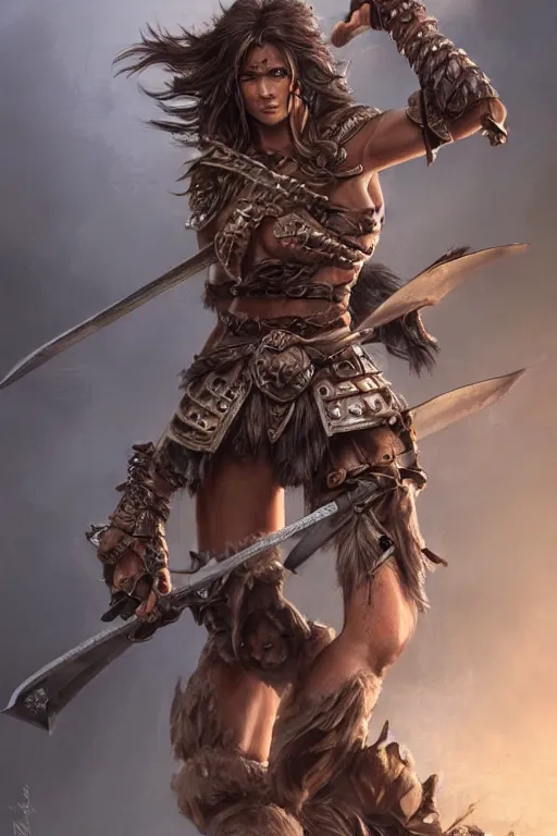 Prompt: Female barbarian, heavy brown metallic armor, swords, gorgeous and beautiful, light brown messy hair, dark skin, brown eyes, detailed face, battle stance, high fantasy, extremely detailed, alone, realistic proportions!, DND, D&D, matte painting, by wlop and peter mohrbacher, trending on artstation, artstationHD, artstationHQ