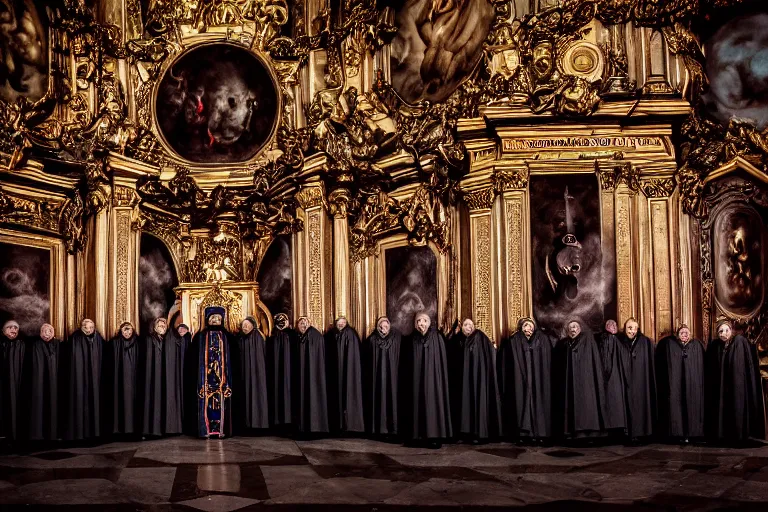 Image similar to photography of circle group of priests in front of a hell portal invoking a lovecraft creature in a baroque intricate church, photography by annie leibovitz, wide - angle portrait, atmospheric lighting, rich deep colors masterpiece, fractal crystals