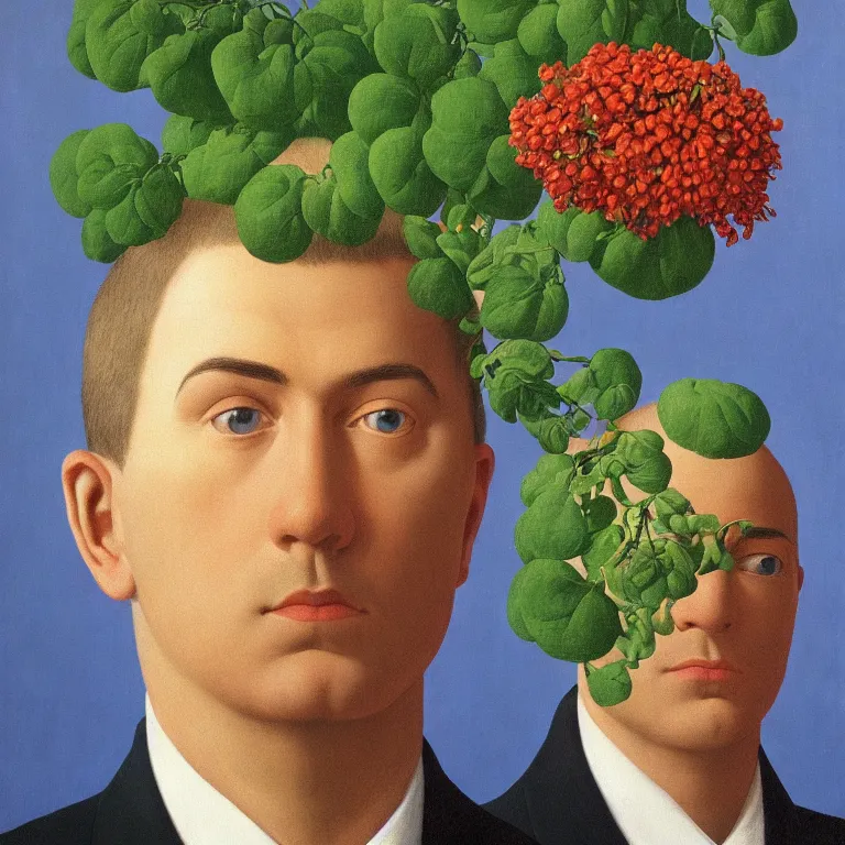 Image similar to portrait of a man, beautiful flowers are growing as his head, by rene magritte, detailed painting, hd, hq, high resolution, high detail, 4 k, 8 k