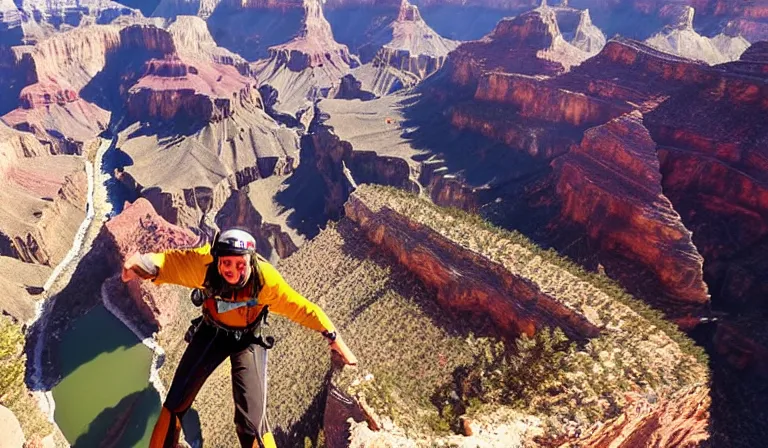 Prompt: gollum base jumping in the grand canyon gopro selfie video, wide - angle, motion blur