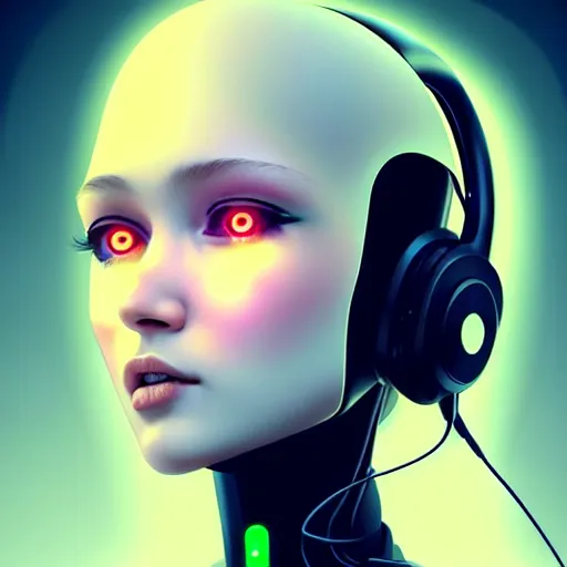 Prompt: a humanoid robot woman with integrated cybernetic headphones for ears, cyberpunk art by ilya kuvshinov, trending on cgsociety, computer art, ilya kuvshinov, artstation hd, artstation hq