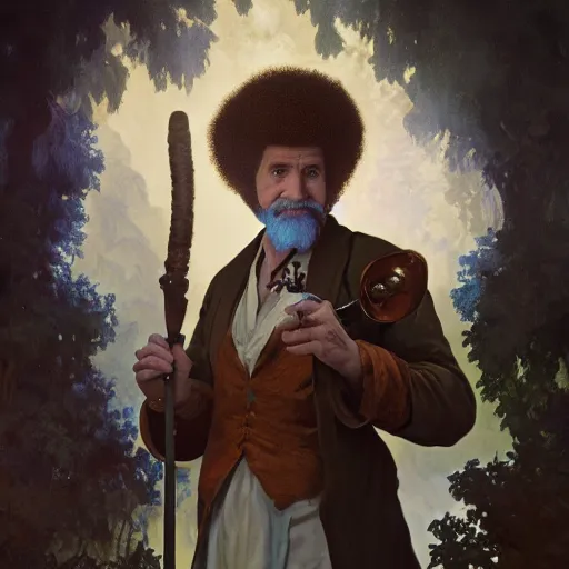 Prompt: an ultra detailed magic the gathering card of bob ross smoking a pipe and dressed as a fantasy bard, d & d, epic fantasy, concept art by alphonse mucha and greg rutkowski, octane render, 8 k, detailed face