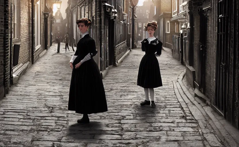 Prompt: photorealistic young Victorian woman wearing a black dress and hair in a bun, standing in a busy Victorian London back alley, in the background are street sellers, people. Evening sunlight. Gaslight street lamps. 8K. detailed. photorealism. artstation. 25mm f/1.7 ASPH Lens. ultra realistic