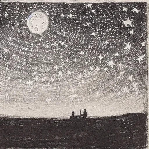 Prompt: by gerhard munthe tired, ghastly. a beautiful drawing featuring a night sky filled with stars, & a small town in the distance. the drawing is very peaceful & calming