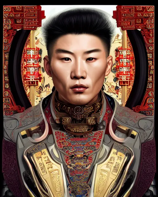 Image similar to portrait of a chinese masculine male cyberpunk machine, machine face, upper half portrait, decorated with chinese opera motifs, muscular arms, asian, fine china, wuxia, traditional chinese art, intricate, elegant, highly detailed symmetry headpiece digital painting artstation concept art smooth sharp focus illustration, art by artgerm and greg rutkowski alphonse mucha 8 k