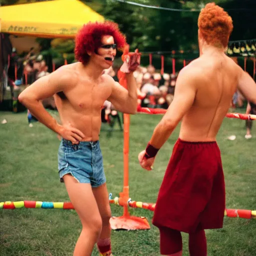 Prompt: Ronald McDonald vs Kurger Bing backyard wrestling, 35mm film