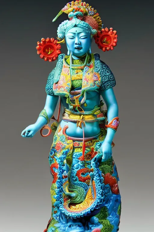 Image similar to an polished texturized sculpture of Curupira in vivid colored chinese porcelain by kris kuksi