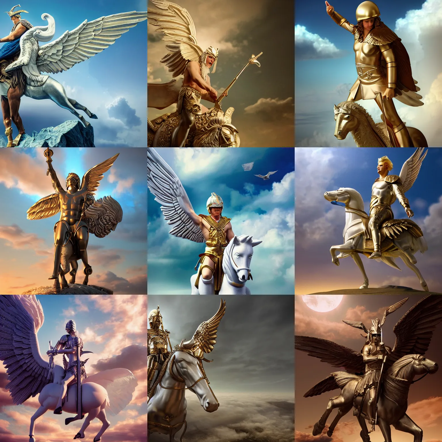 Prompt: Julian Assange as the Greek god Hermes, riding Pegasus in the clouds above the Olympus , wearing a helmet and sandals with attached wings, carrying the Caduceus, fantasy, hyperrealistic, highly detailed, depth of field, High definition, 8k, octane render,trending at artstation