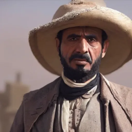 Prompt: Still of Abdelmadjid Tebboune starring in a western