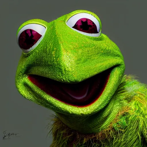 Image similar to hyperrealistic mixed media image of kermit the frog, stunning 3 d render inspired art by xiang duan and thomas eakes and greg rutkowski, perfect facial symmetry, hyper realistic texture, realistic, highly detailed attributes and atmosphere, dim volumetric cinematic lighting, 8 k octane detailed render, post - processing, masterpiece,