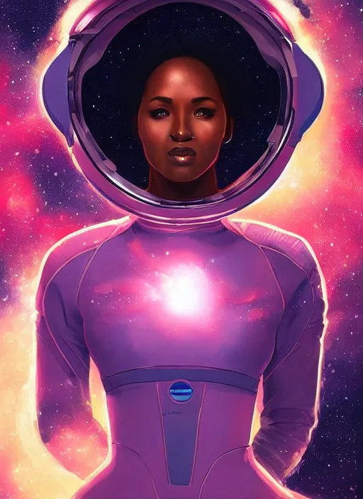 Image similar to beautiful black woman in an advanced spacesuit in front of exploding nebulae halos, digital illustration trending on artstation by artgerm and rutkowski