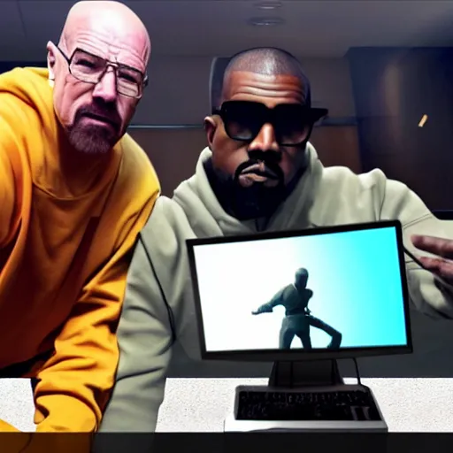 Image similar to kanye west and walter white gaming, playing fortnite on the tv