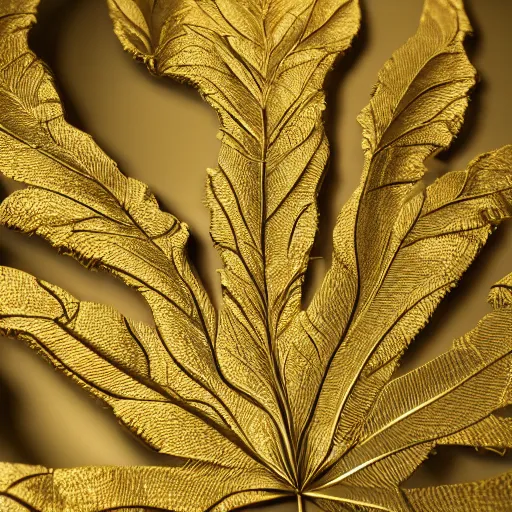 Image similar to Intricate fantasy leaf, encrusted with jewels, gilded gold, detailed veins, sharp focus, octane render, high quality, 8k, volumetric lighting, on black background