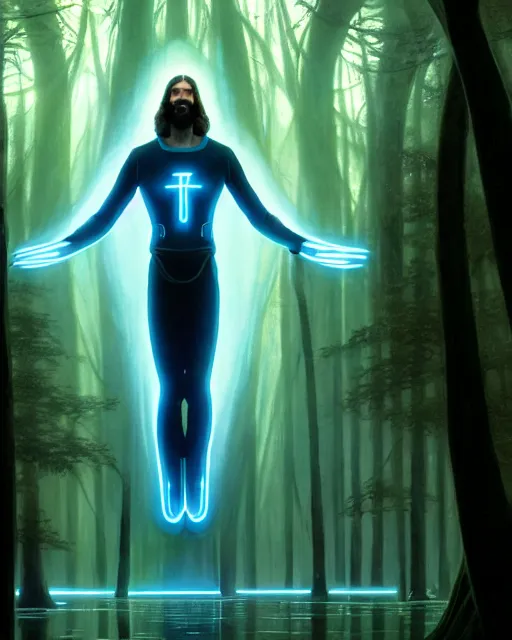 Prompt: tron legacy jesus performing miracles for a crowd in an ancient forest, face, diffuse lighting, hyper realistic, concept art, intricate, hyper detailed, smooth, sharp focus, illustration, artstation, art by greg rutkowski and james gurney and alphonse mucha