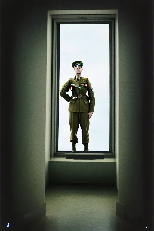 Image similar to kodak portra 5 0 mm f 4 full body portrait photography of a wwii airborne infantry soldier who's a mix of gillian anderson and adam driver, looking exhausted, setting is inside a sci fi megastructure tower looking out a window, photo by erwin olaf