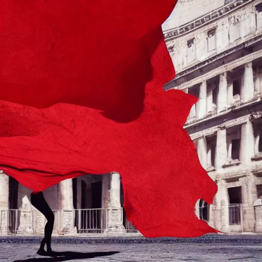 Image similar to a figure covered by red cloth that's blowing in the wind standing in a beautiful roman city, digital art, concept art, cloth simulation with houdini, octane, redshift, 8 k