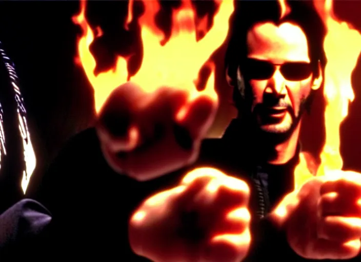 Image similar to A photo of Keanu Reeves as Neo in The Matrix movie doing a thumb up to the camera in front on burning servers, servers in flames in the background, happy system administrator doing a thumb up, uncropped, full body, crispy, ultra detailed