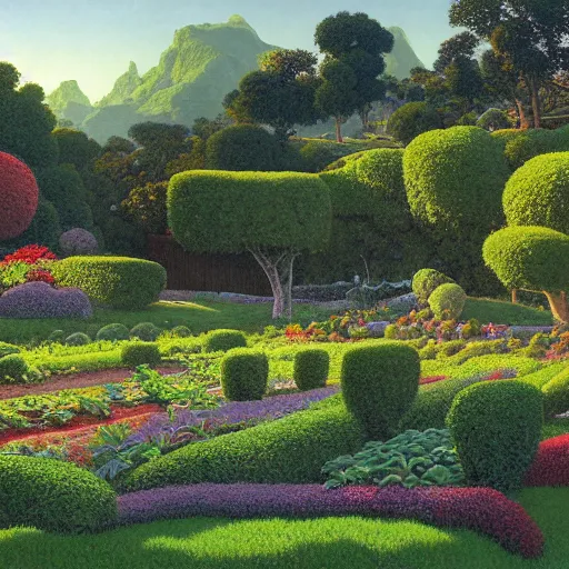 Image similar to highly detailed vegetable garden, lots of leaves, fence line, detailed. rule of thirds. intricate. sharp focus. wide angle. unreal engine 8 k. painting by maxfield parrish. wlop. greg rutkowski.