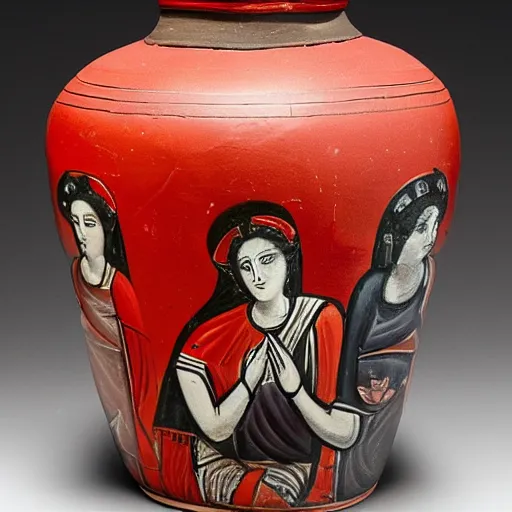 Image similar to red and black greek pottery showing hera scolding aphrodite and artemis for posting divine secrets on twitter