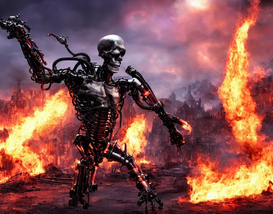 Image similar to terminator purple flaming skull, destroyed town on background, fantasy artwork, very beautiful scenery, hd, hdr, ue 5, ue 6, unreal engine 5, cinematic 4 k wallpaper, 8 k, ultra detailed, by popular digital, details, beautiful image ever created, high resolution, artstation, award winning, detailed body, details face, realistic body proportions