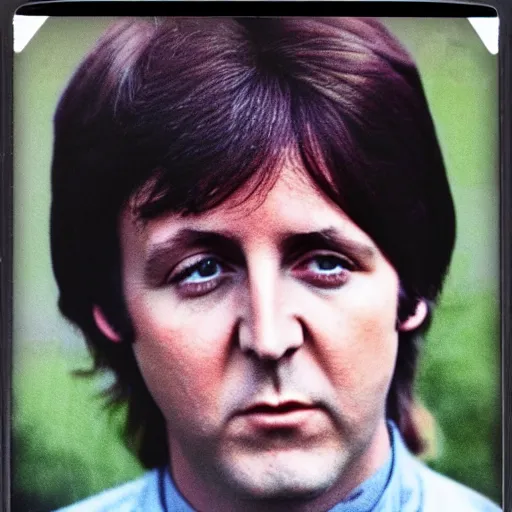 Image similar to Colored Colorized Polaroid Portrait of a younger 1970s 35 year old Paul McCartney, taken in the 1970s, photo taken on a 1970s polaroid camera, grainy, real life, hyperrealistic, ultra realistic, realistic, highly detailed, epic, HD quality, 8k resolution, body and headshot, film still, front facing, front view, headshot and bodyshot, detailed face, very detailed face, by Andy Warhol