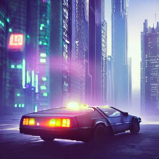 Prompt: delorean in a cyberpunk city with skyscrapers, artstation award winner, digital art, volumetric lighting, neon colors, smoke, backlight,short telephoto, octane render, highly detailed