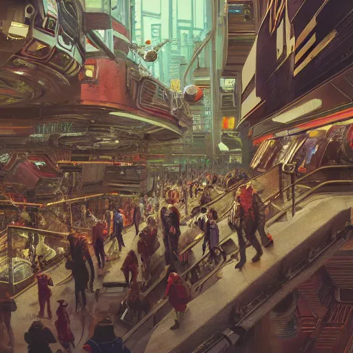 Image similar to highly detailed crowded used future shopping mall, robots humans and extraterrestrials, on a crowded space station, jim henson creature shop, 1 9 8 0 s science fiction, 1 9 7 0 s science fiction, alien 1 9 7 9, cyberpunk, 3 d oil painting, depth perception, 4 k, artstation